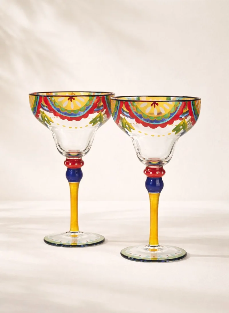 1Chase Clear Hand Painted Margarita Glasses Moroccan Collection, Orange Blossom Design 270ML Set of 2, Artisan Decorative Cocktail Glassware, Unique Kitchen Table Décor Glasses  | Best Price UAE